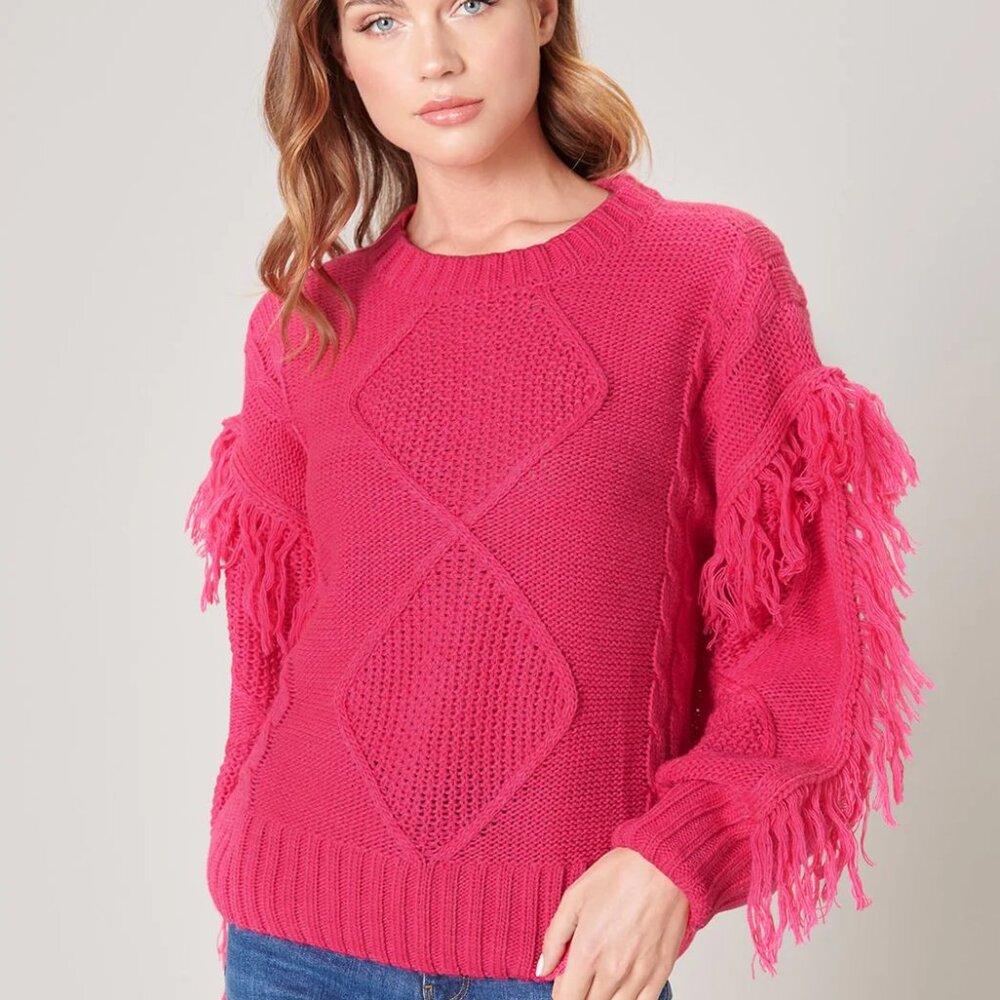 Sugar x Lips Bowman Fringe Sleeve Cable Knit Sweater | Fuchsia | Size S | NWT